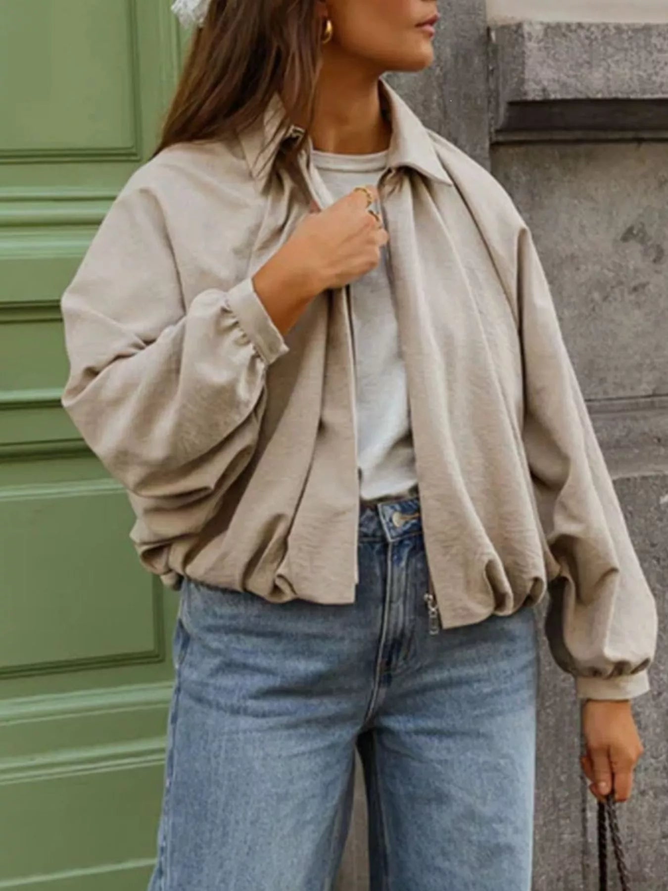 Relaxed Fit Zip Up Collared Jacket