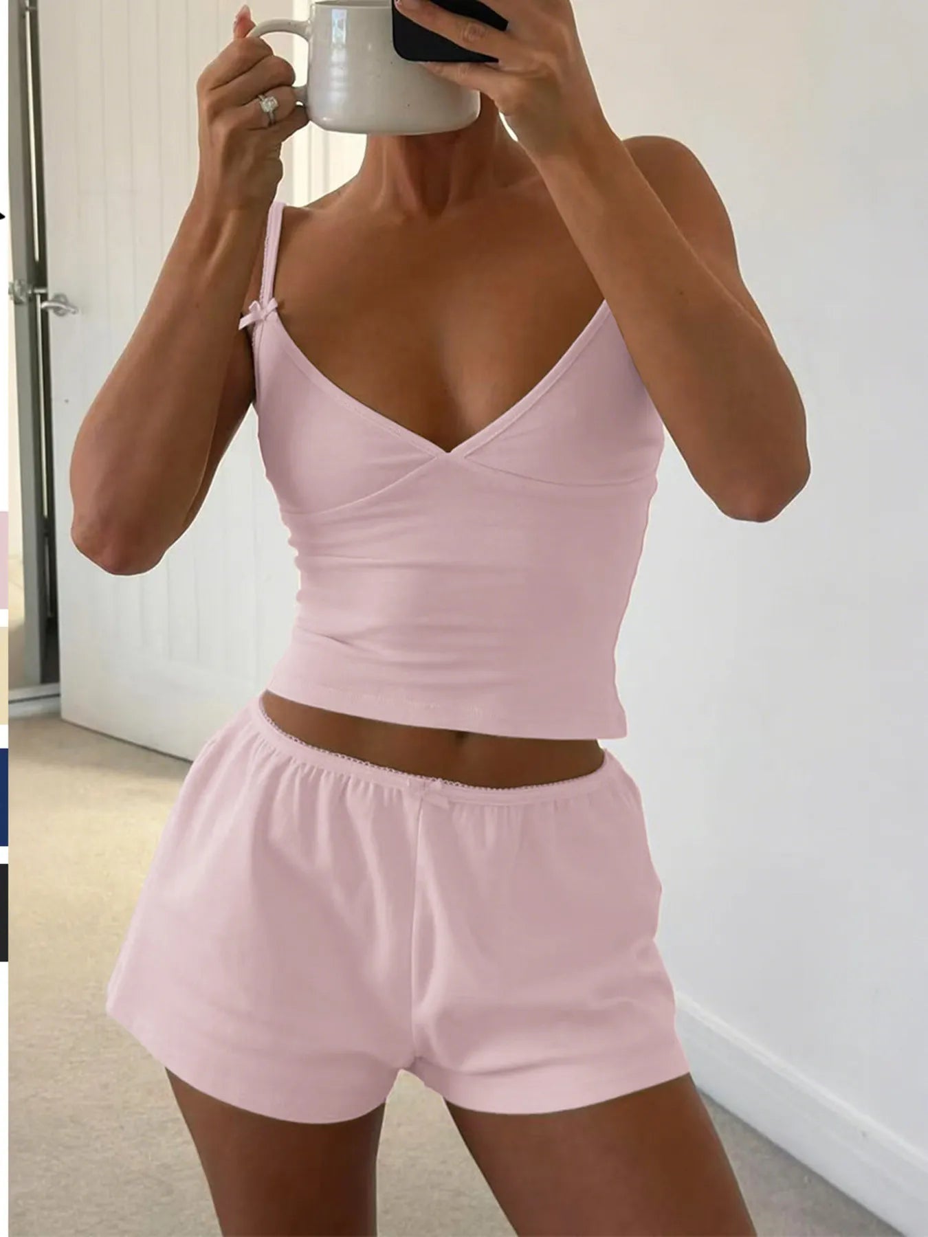 Women's V-Neck Cami and Shorts Lounge Set - Pink Loungewear Sets