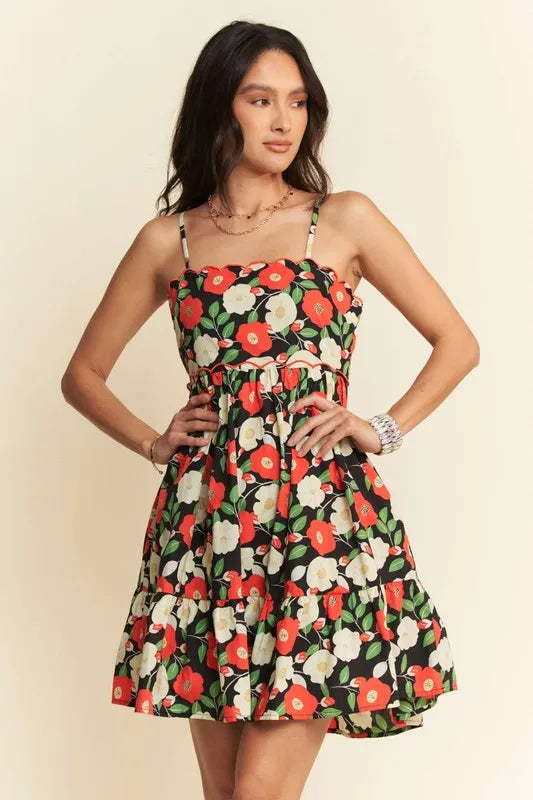 100% Cotton Scalloped Floral Mini Dress - Black Mini Dresses