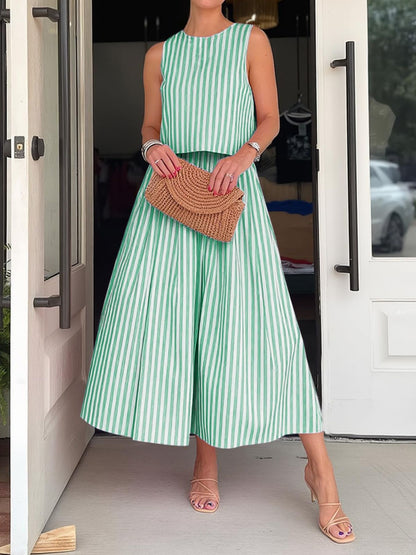 Women's Striped Sleeveless Top and Midi Skirt Set - Matching Sets