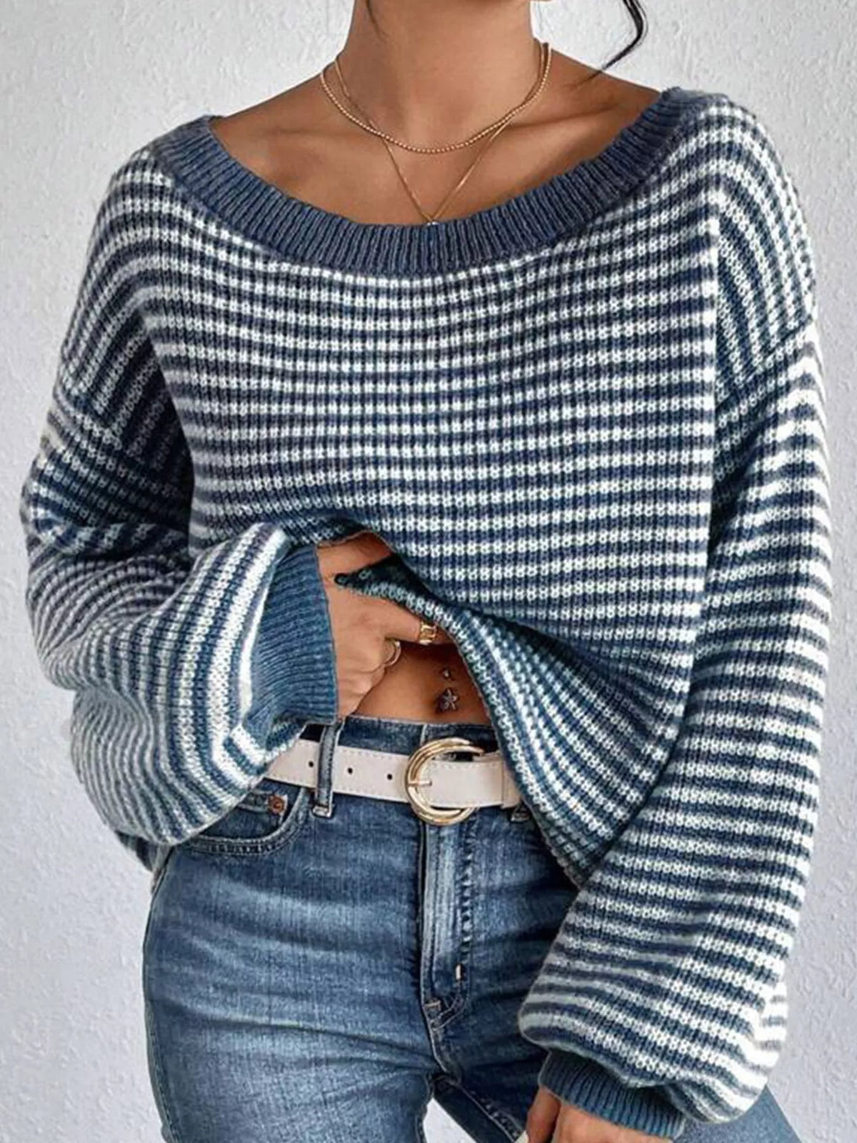 Oversized Striped Ribbed Knit Sweater with Boat Neck