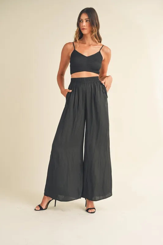 Smocked Bralette Crop Top And Wide Leg Pants Set – Black outfit idea for women | Ro + Ivy