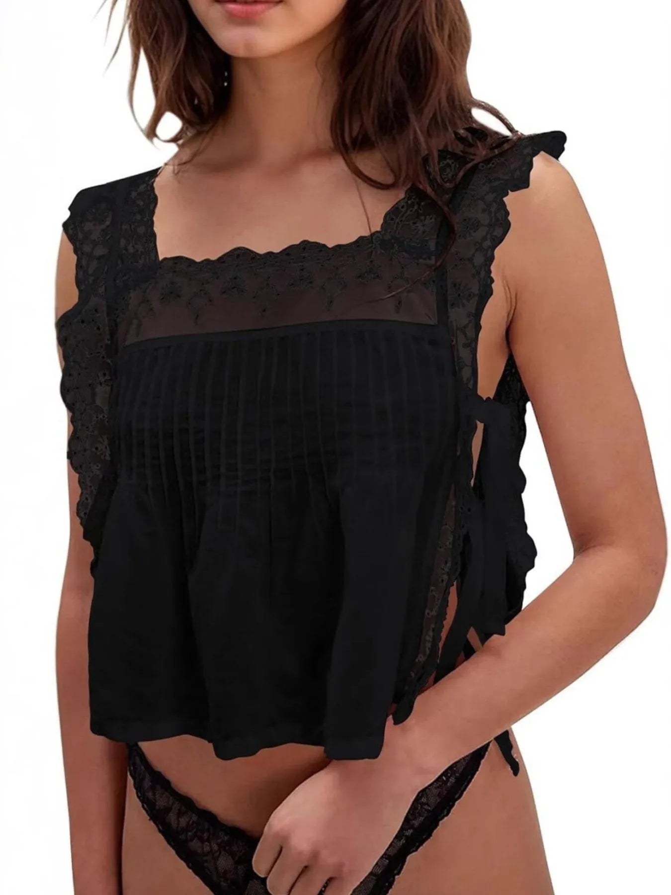 Women's Lace Trim Eyelet Square Neck Top - Black Blouses