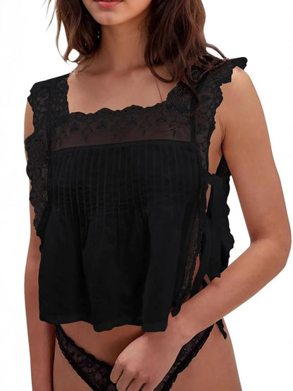 Women's Lace Trim Eyelet Square Neck Top - Black Blouses