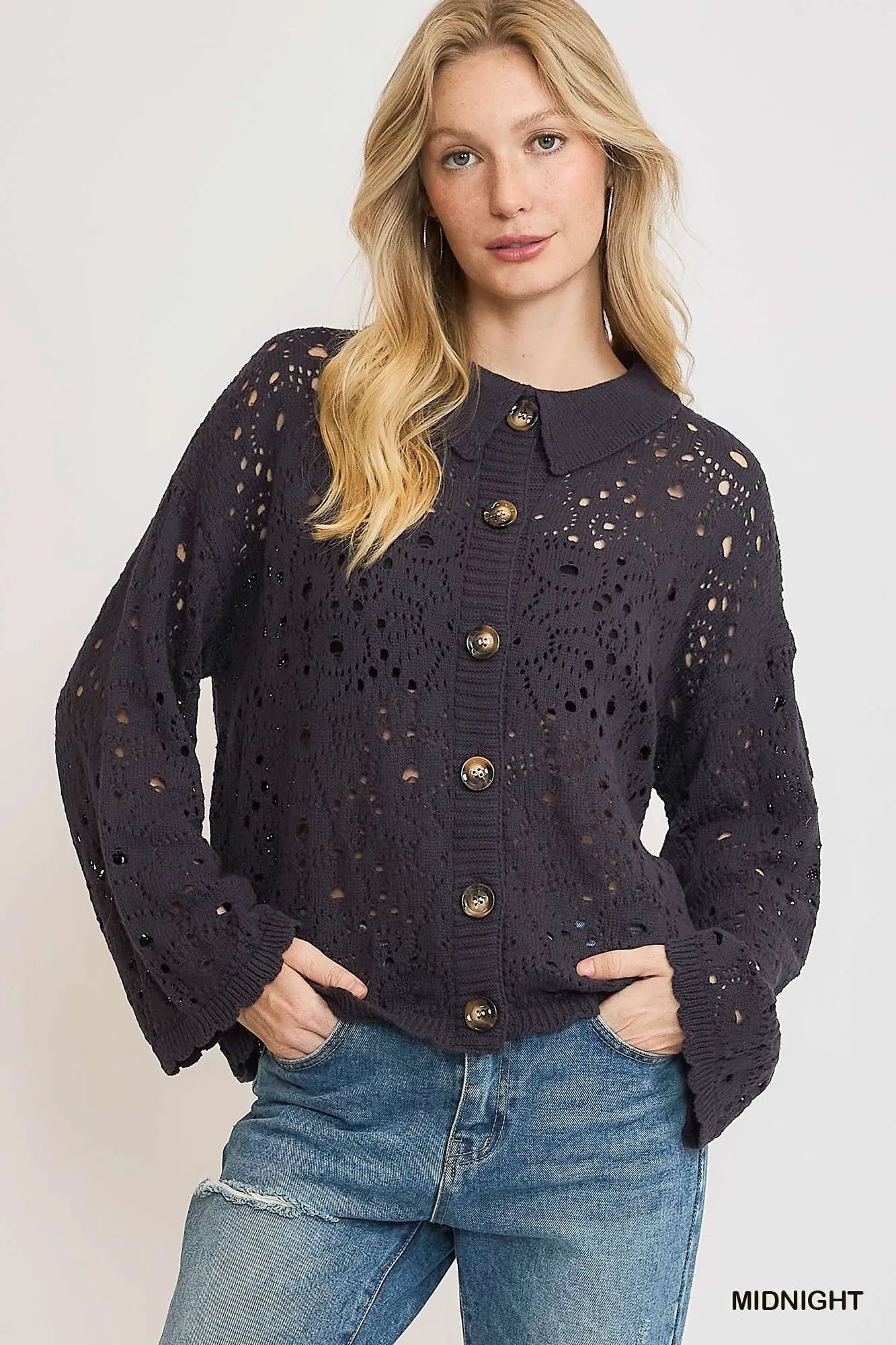 Women's Hollow Out Button Down Cardigan - MIDNIGHT Cardigans