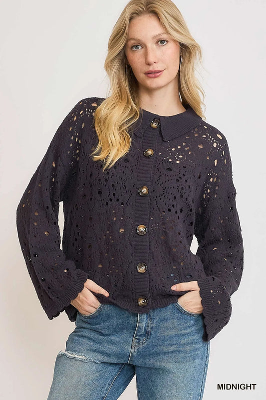 Women's Hollow Out Button Down Cardigan MIDNIGHT