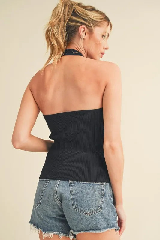 Ribbed Halter Neck Top in Black - Tank Tops