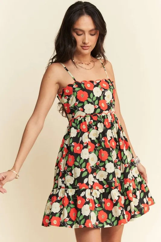 100% Cotton Scalloped Floral Mini Dress - Mini Dresses