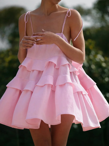 Women's Ruffle Layered Tie Shoulder Cami Mini Dress - Mini Dresses