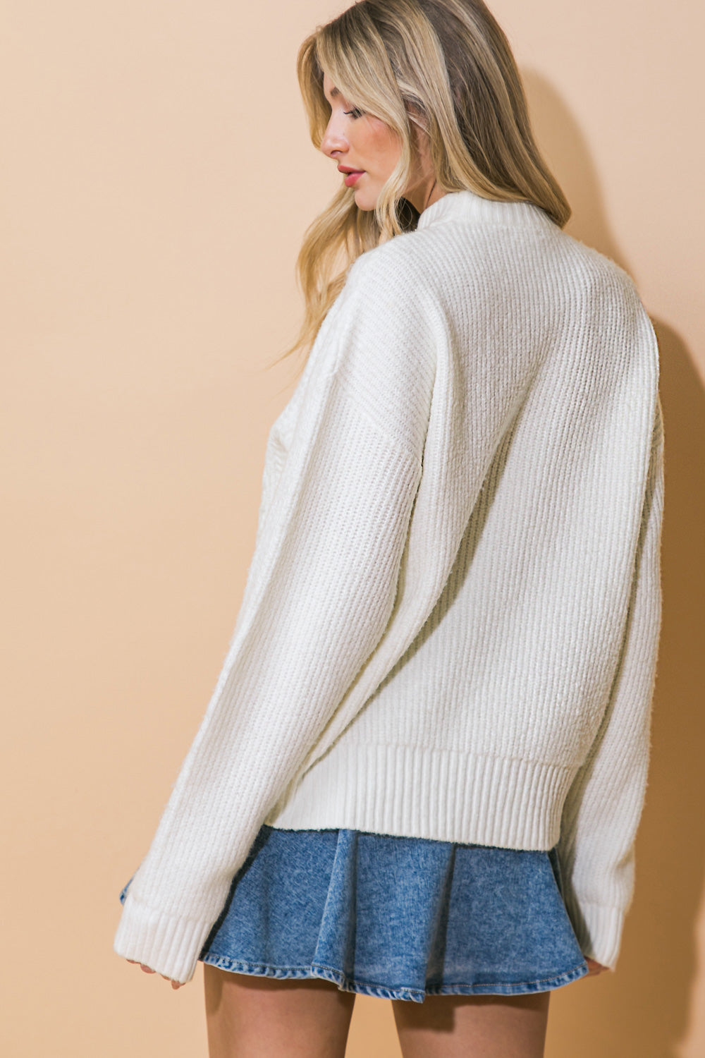 Mock Neck Cable Knit Sweater | Trendy Sweaters Outfit Idea for Women by Ro + Ivy | Elevated Basics, Modern Comfort & Style