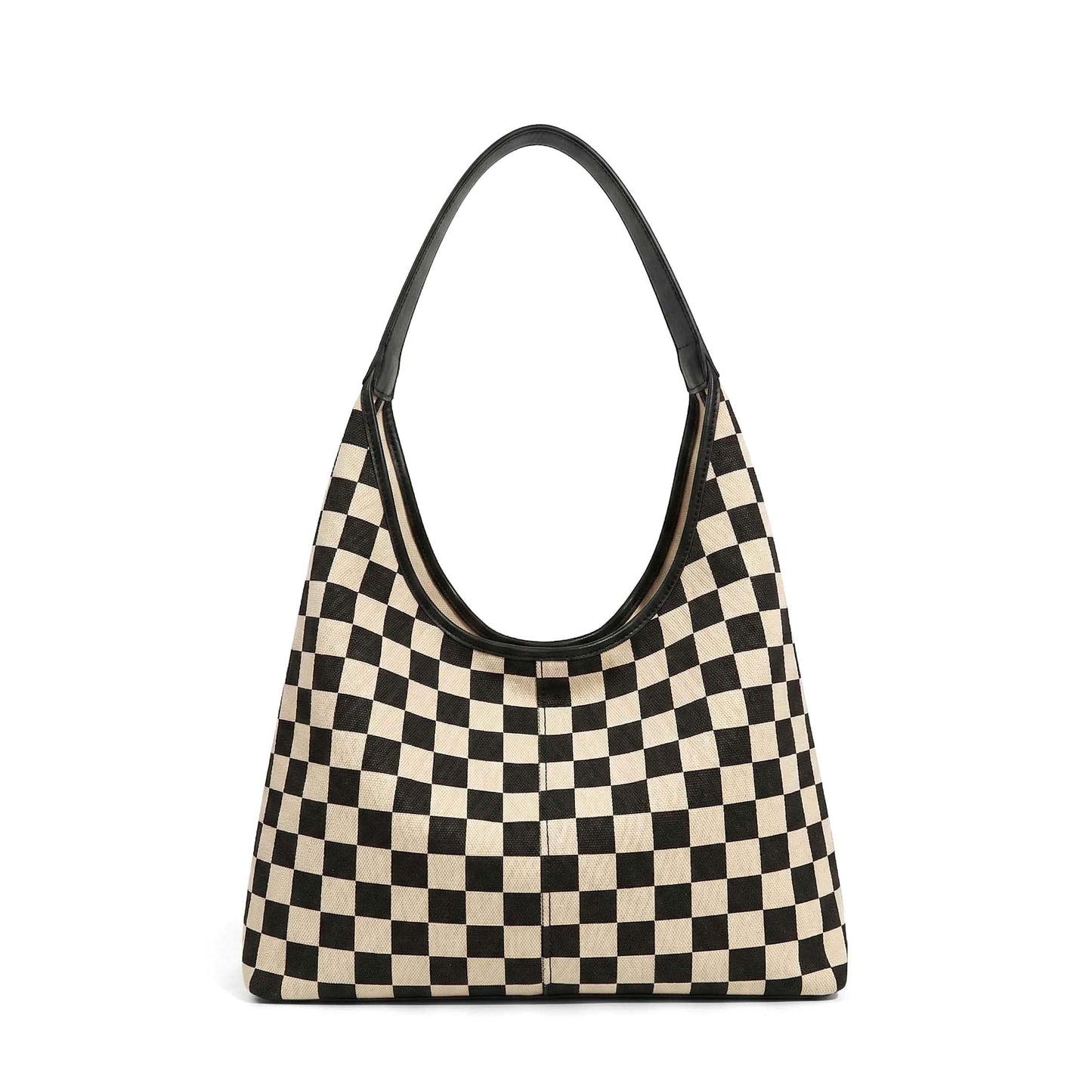 Checkered Canvas Mixed Media Rivet Detail Hobo Shoulder Bag — Everyday Functional Style - Black Check