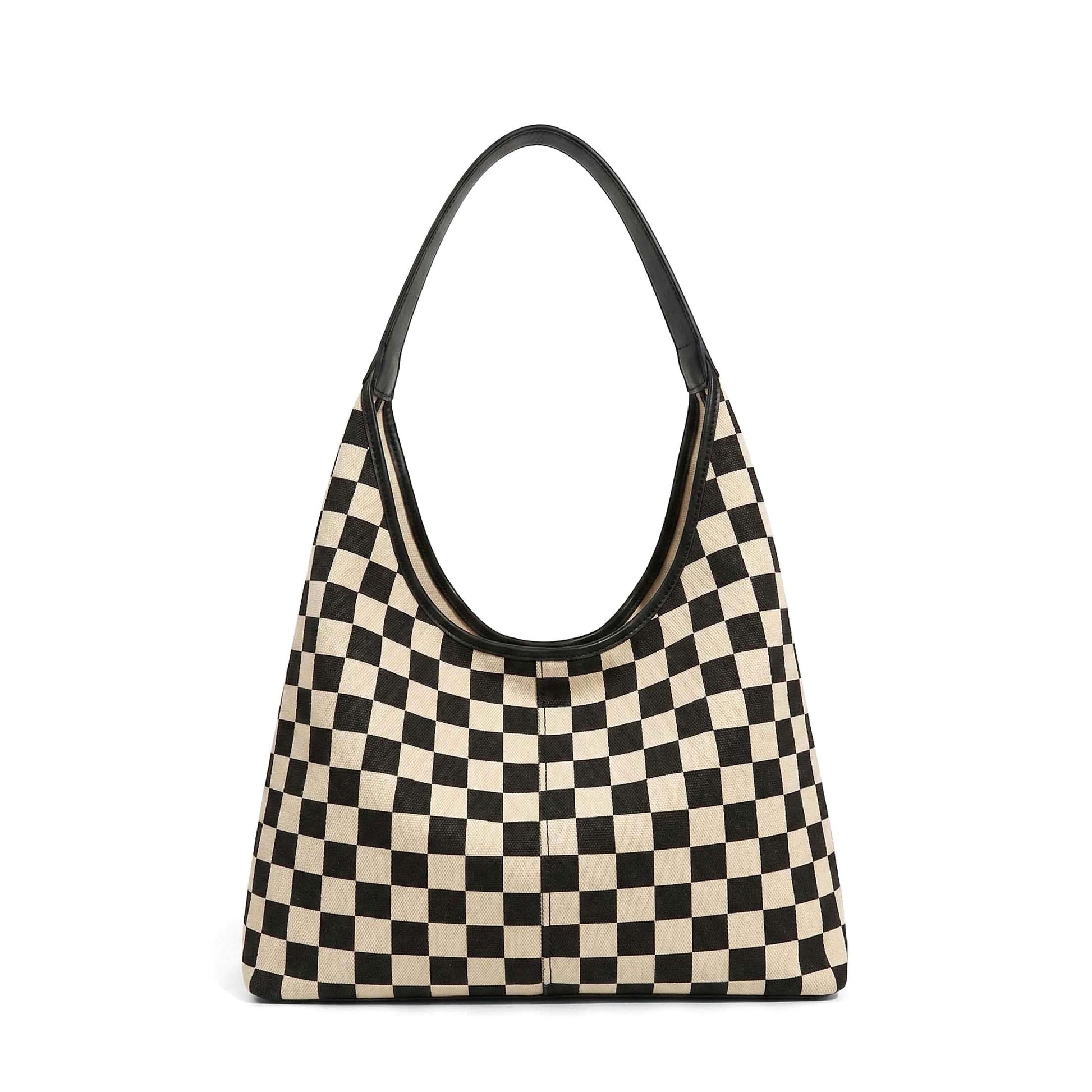 Checkered Canvas Mixed Media Rivet Detail Hobo Shoulder Bag — Everyday Functional Style - Black Check