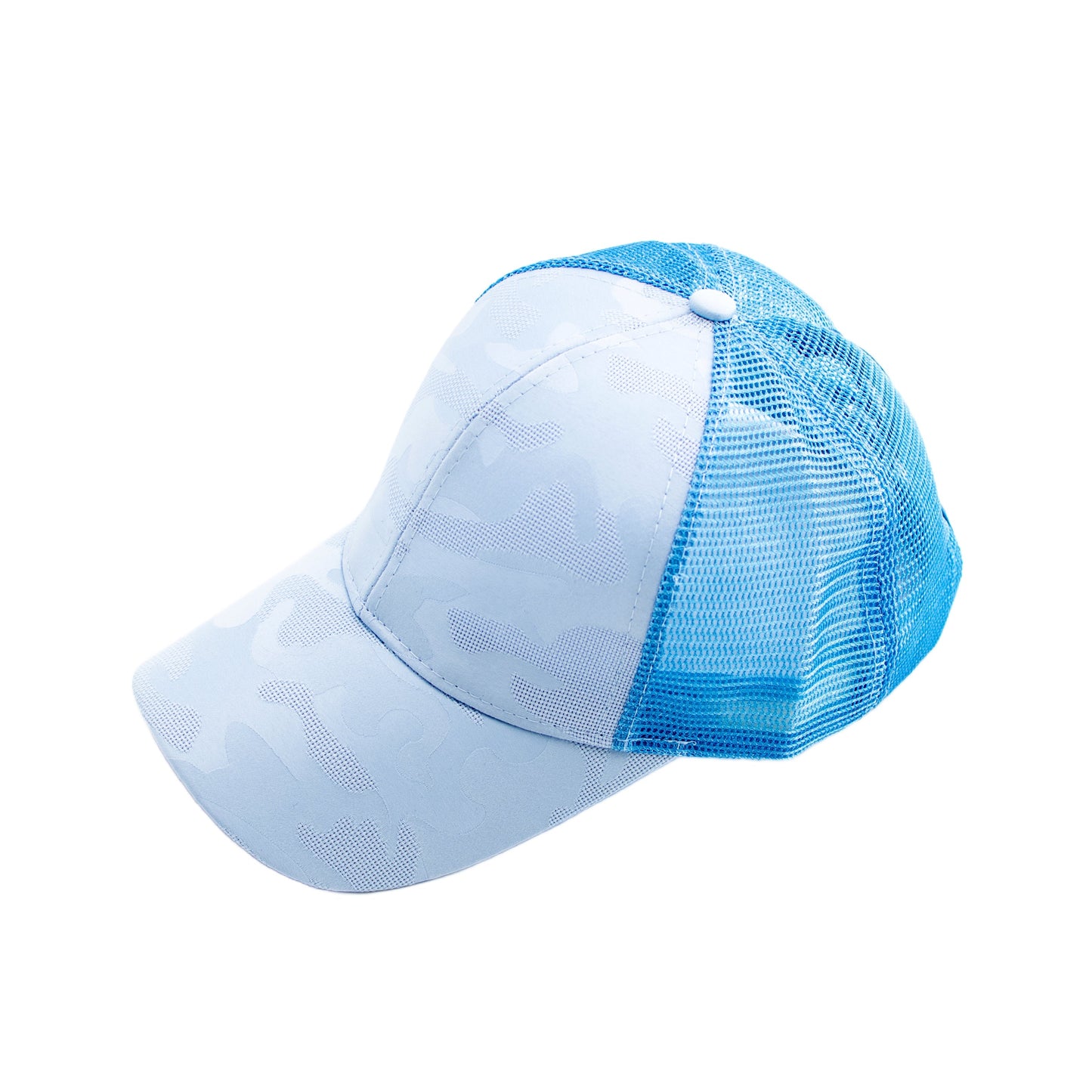 Camo Messy Bun Baseball Cap — High Ponytail Opening Snapback Mesh Back - Light Blue Baseball Caps