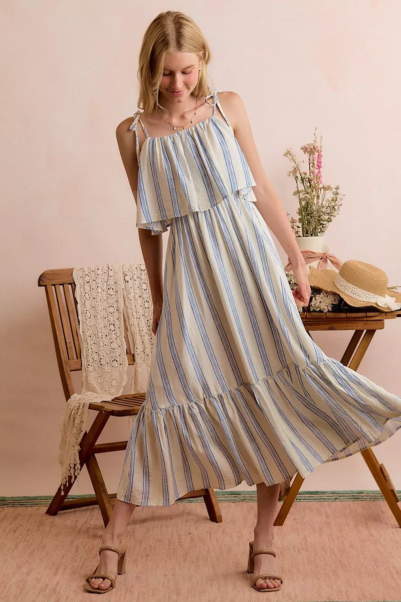 Women's Striped Tiered Shoulder Tie Midi Dress - Midi Dresses