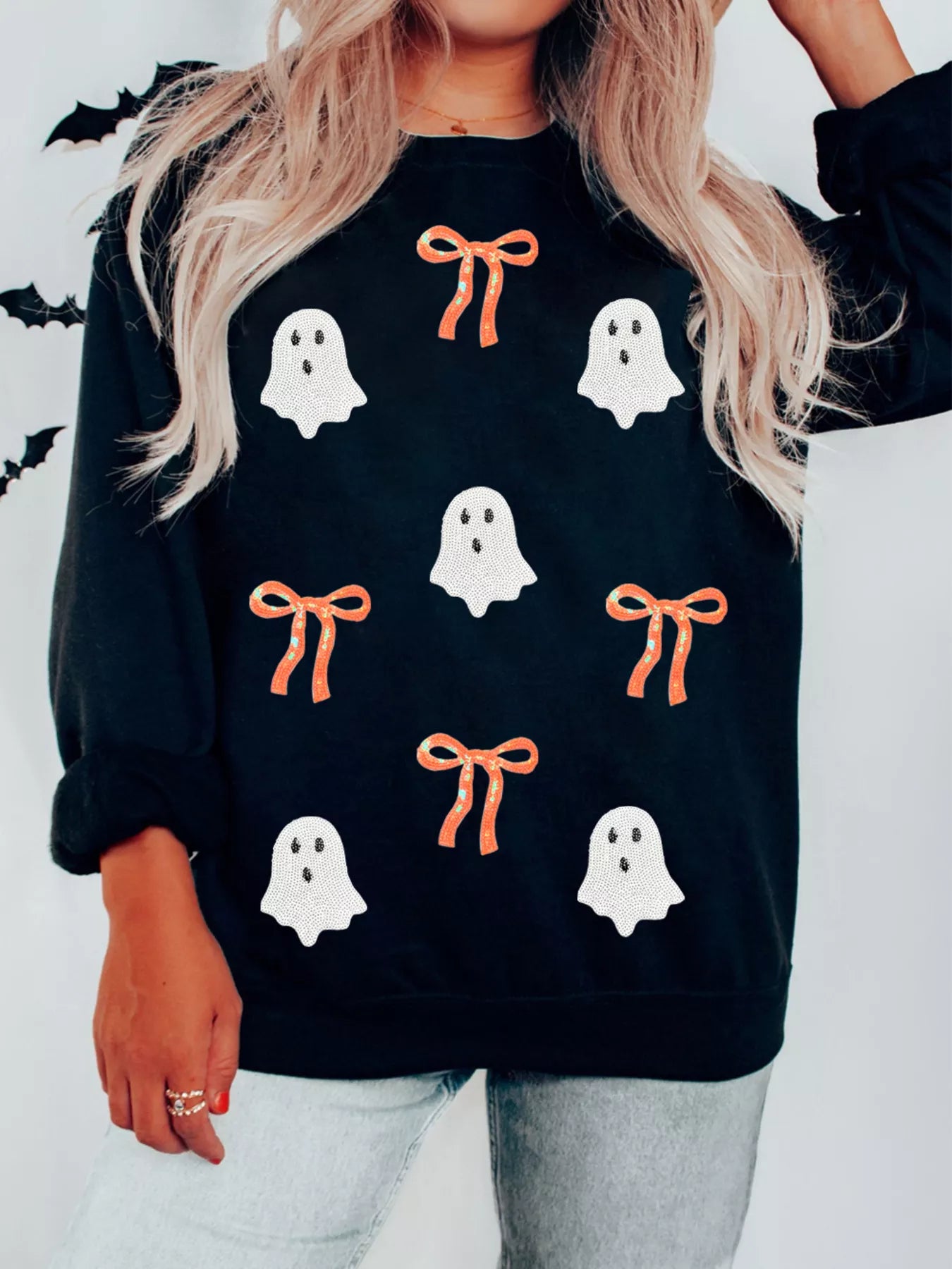 Halloween Ghost & Bows Sequins Drop Shoulder Sweatshirt