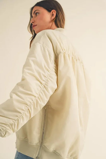 Back Ruched Utility Zip Pocket Bomber Jacket — Contemporary Functional Outerwear Style - Jackets