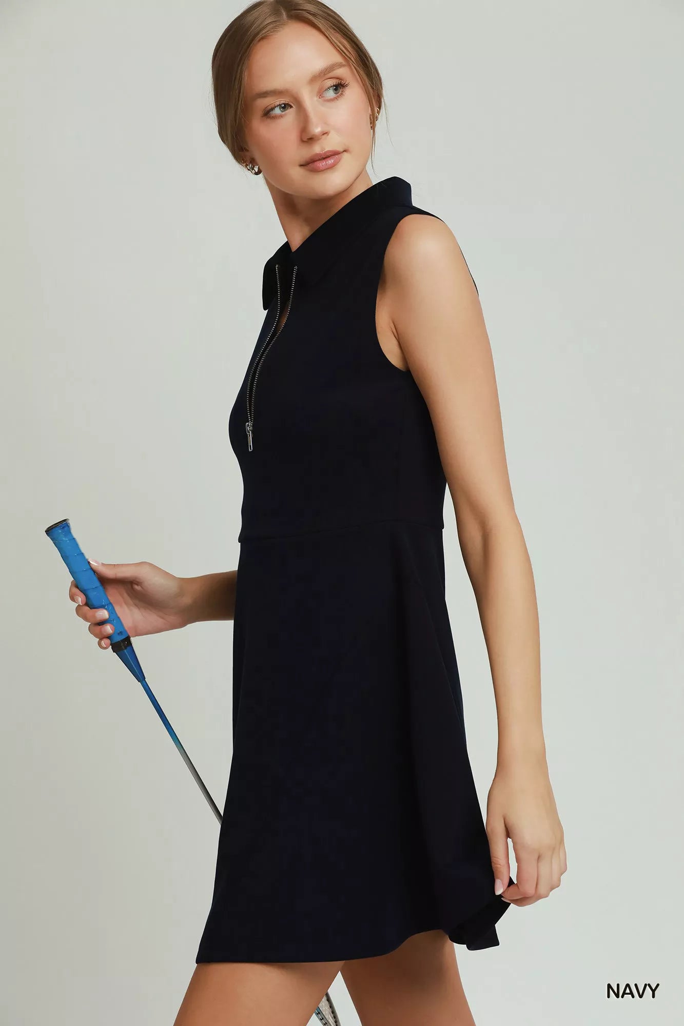 Women's Navy Quarter Zip Collared Tennis Active Dress - Active Dresses