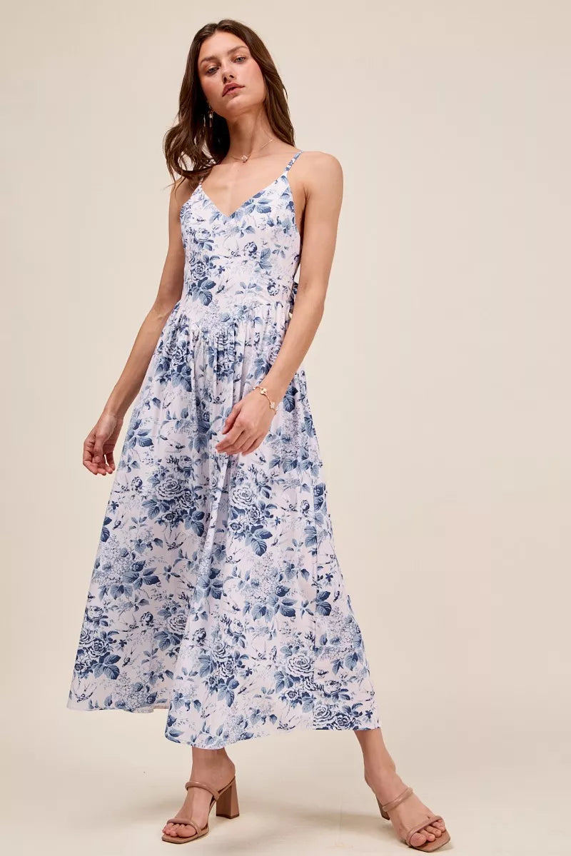 Floral Woven V-Neck Back Ribbon Tie Midi Dress — Romantic Adjustable Feminine Everyday Style - Midi Dresses