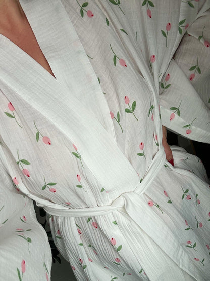 Floral Print Cotton Lightweight Kimono Robe - Robes