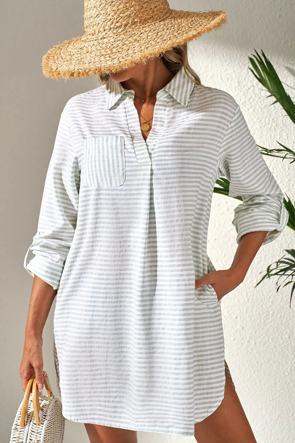 Striped Johnny Collar Long Sleeve Mini Shirt Dress - Mini Dresses