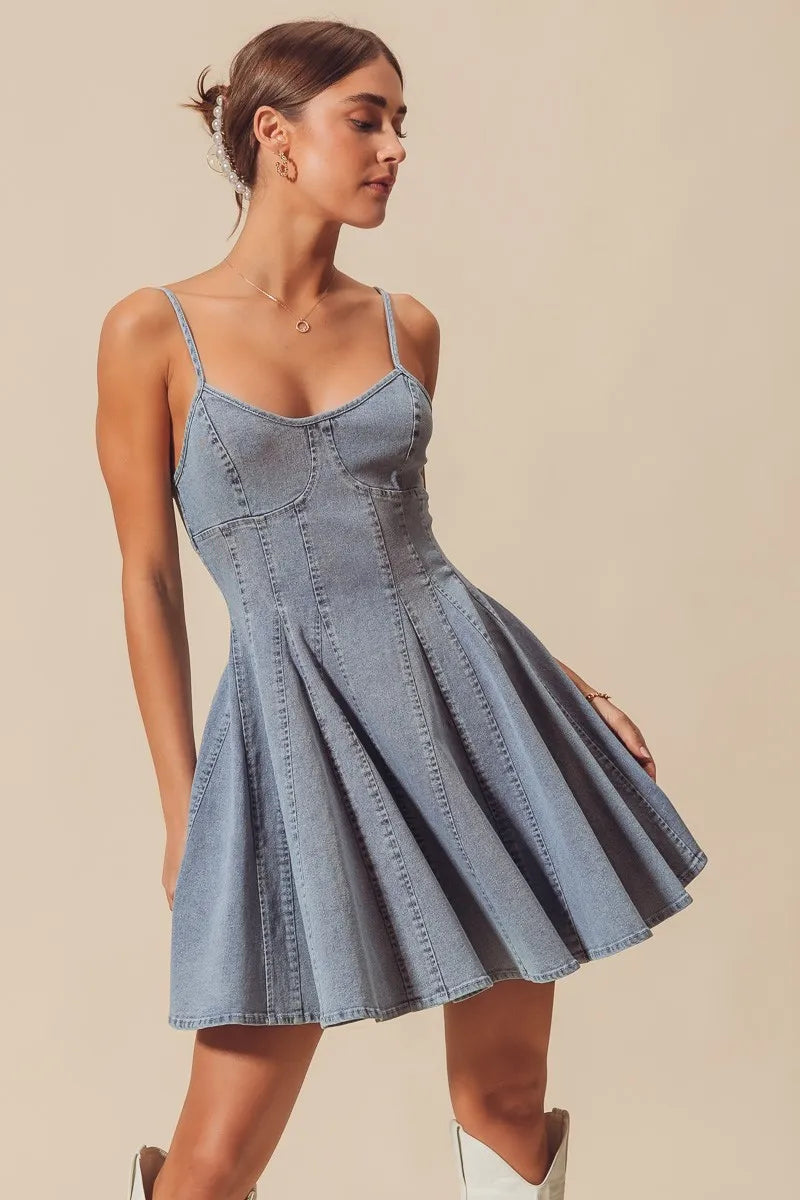 A Line Fit And Flare Denim Bow Ties Mini Dress | Trendy Mini Dresses Outfit Idea for Women by Ro + Ivy | Elevated Basics, Modern Comfort & Style