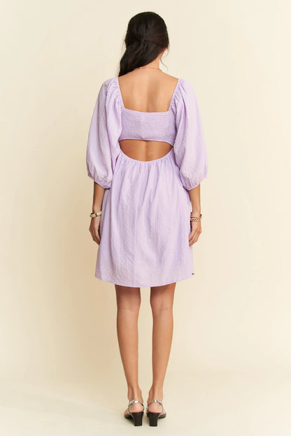 Self-Tie Puff Sleeve Smocking Open Back Mini Dress – outfit idea for women | Ro + Ivy
