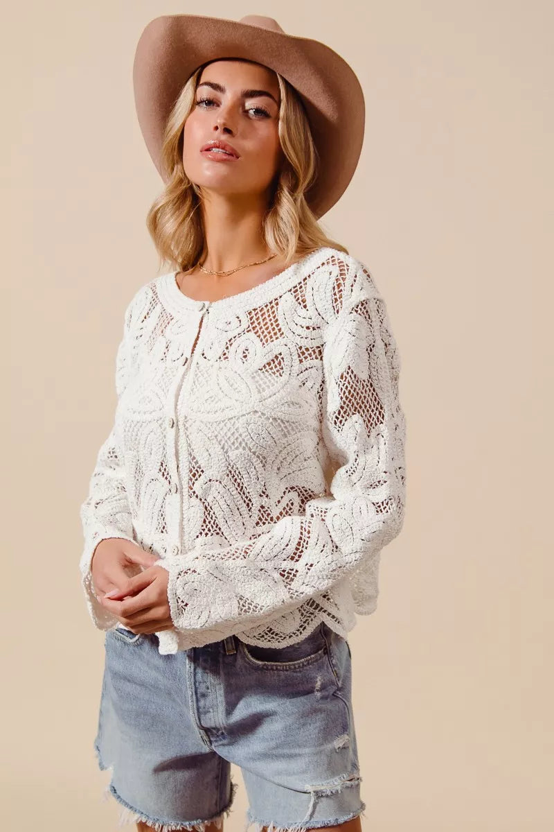 Floral Pattern Button Front Crochet Lace Cardigan — Delicate Lightweight Feminine Layering Style - Cardigans