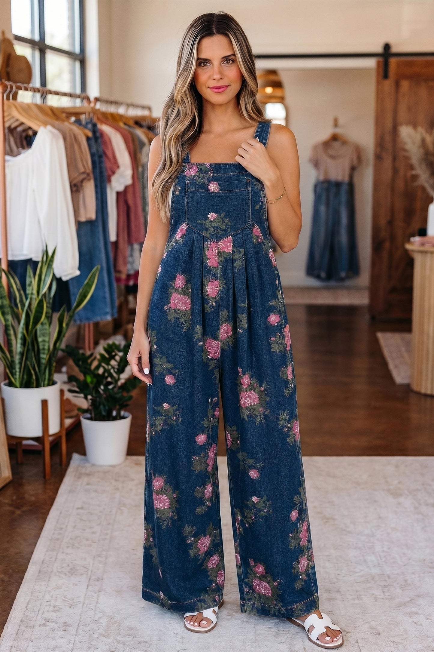 Floral Print Wide Leg Relaxed Fit Jumpsuit — Boho Effortless Everyday Style - Blue Jumpsuits & Rompers