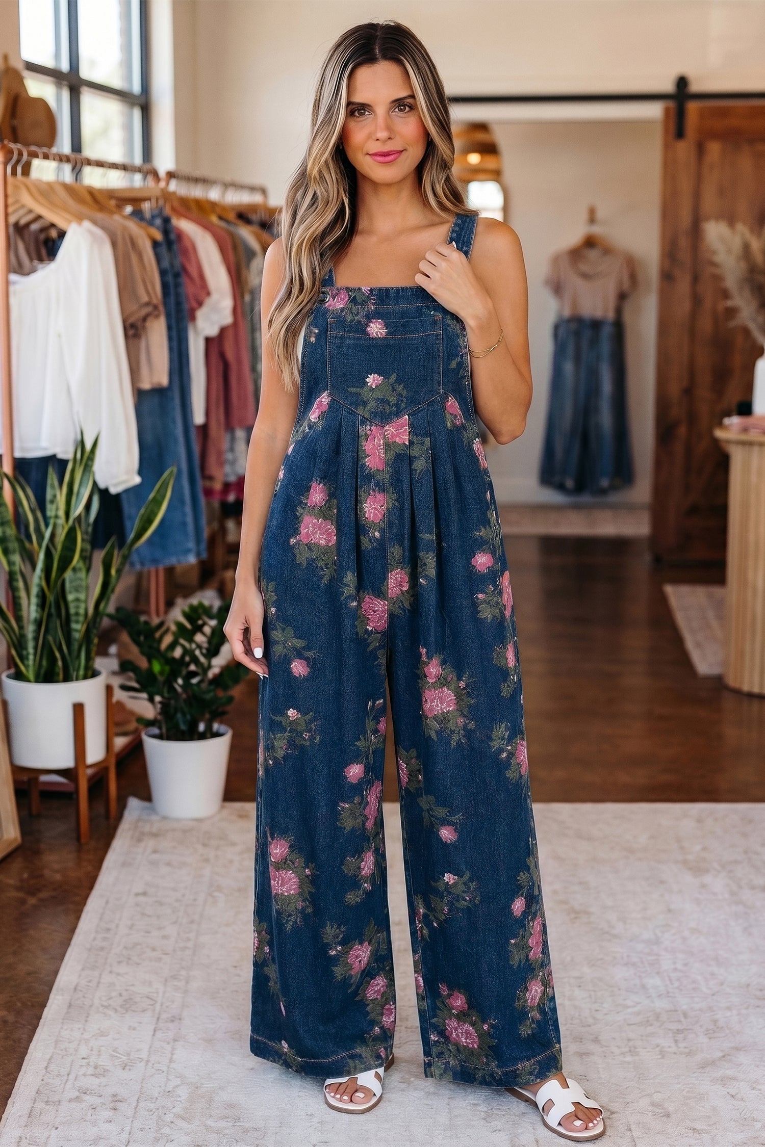 Floral Print Wide Leg Relaxed Fit Jumpsuit — Boho Effortless Everyday Style - Blue Jumpsuits & Rompers