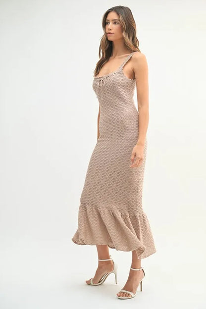 Ruffled Hem Sleeveless Crochet Knit Midi Dress in Mocha – outfit idea for women | Ro + Ivy