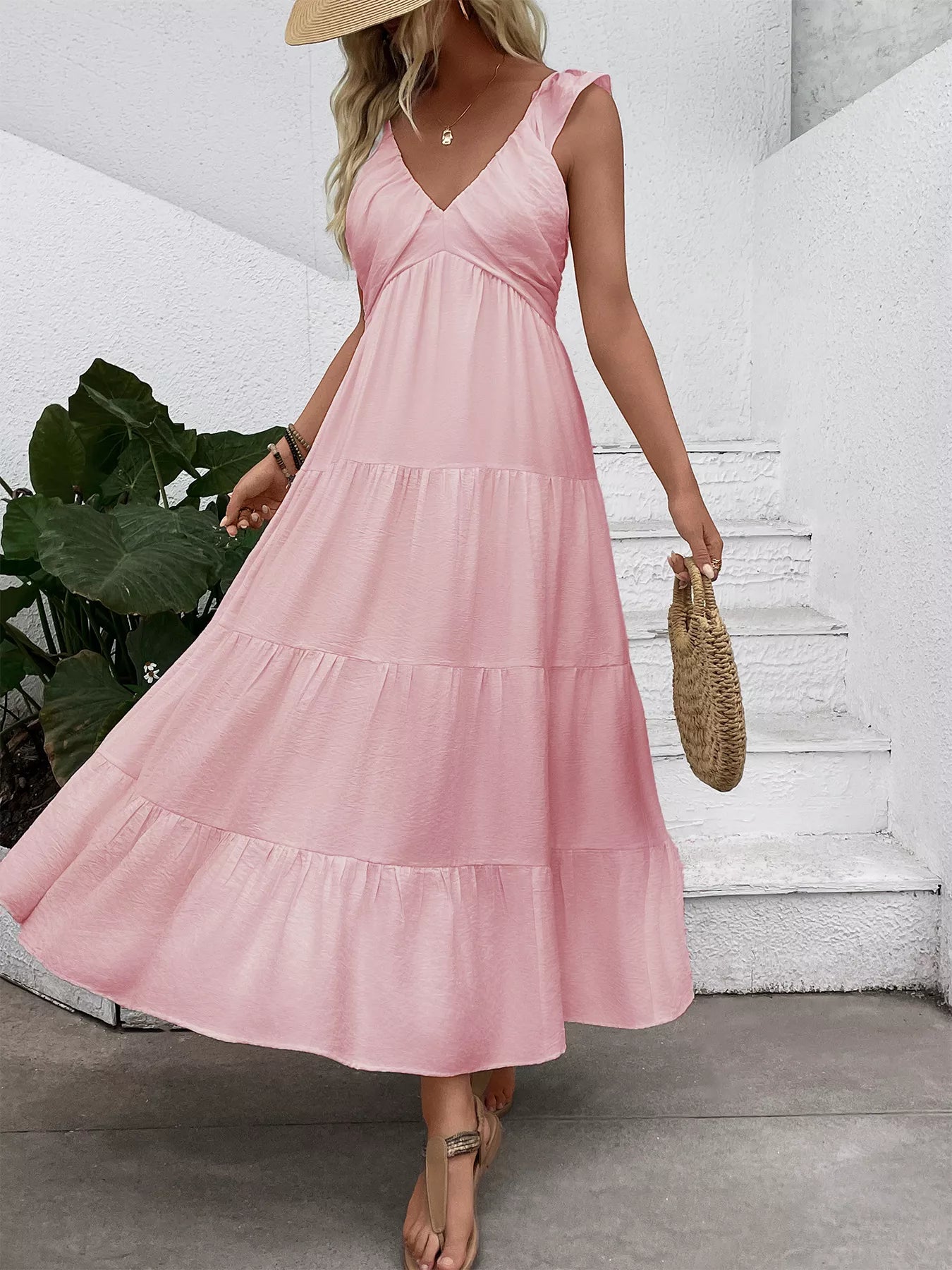 Women's Flowy V-Neck Tiered Maxi Dress with Flutter Sleeves - Maxi Dresses