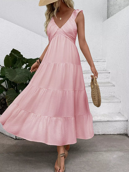Women's Flowy V-Neck Tiered Maxi Dress with Flutter Sleeves - Maxi Dresses
