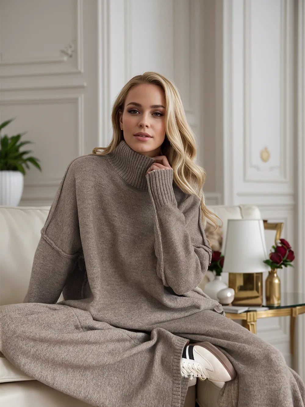 Long Sleeve Turtleneck Top with Slit and Pants Loungewear Set - Taupe One Size Loungewear Sets