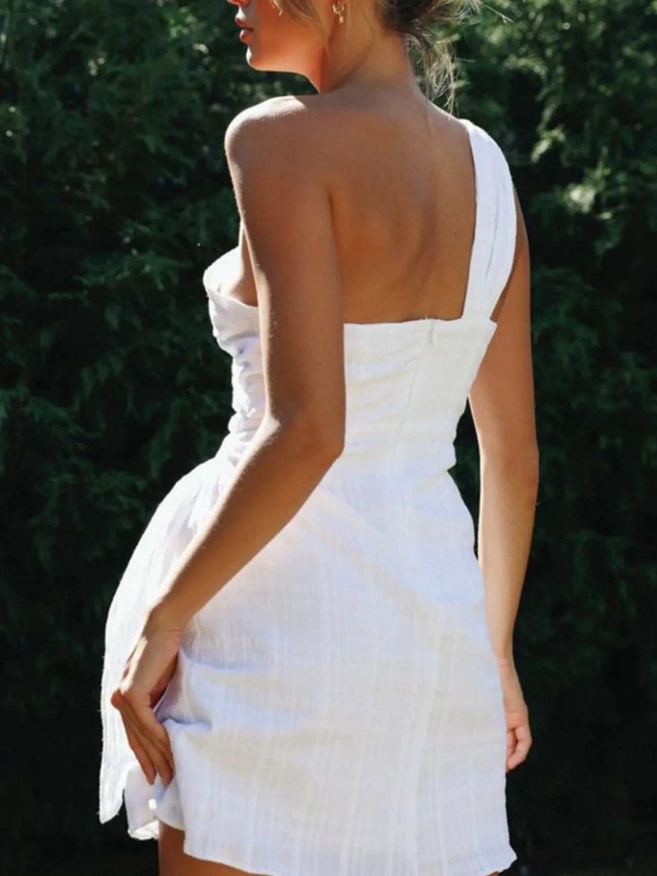 Ruched One-Shoulder Waist Tie Mini Dress - Mini Dresses