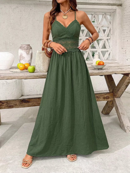 Women's Lace Trim Spaghetti Strap Maxi Dress - Maxi Dresses