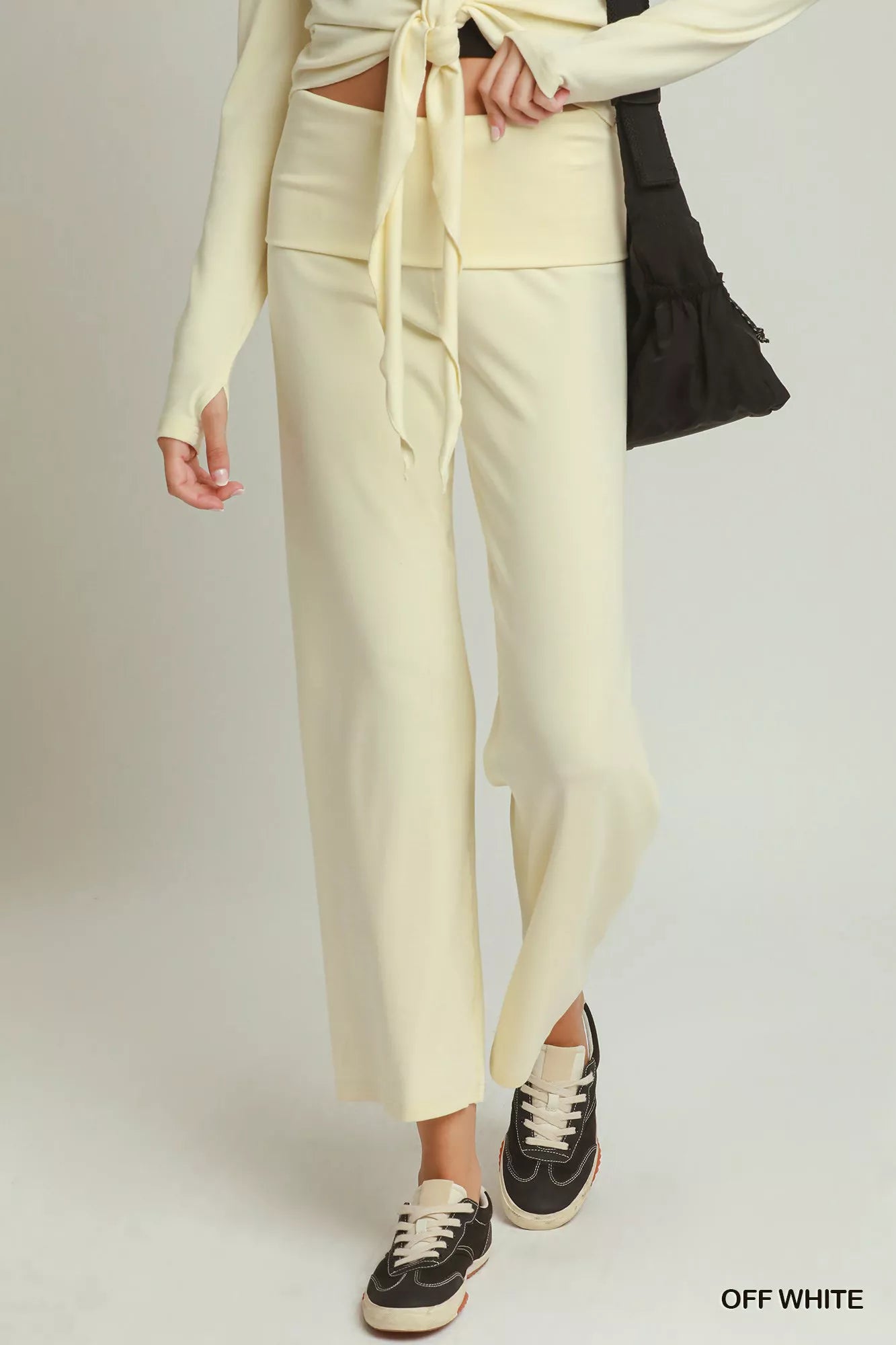 Women's Cotton Viscose Folded Waistband Straight Leg Pants - OFF WHITE Trousers
