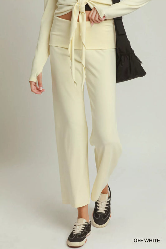 Women's Cotton Viscose Folded Waistband Straight Leg Pants OFF WHITE
