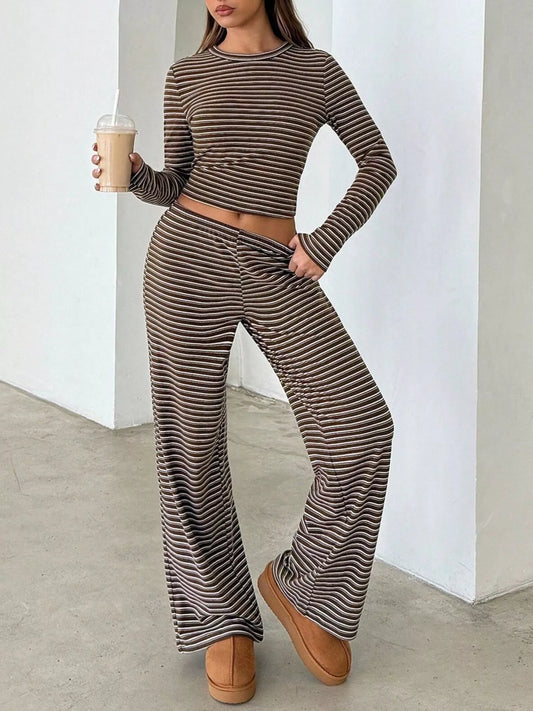 Striped Long Sleeve Top and Wide-Leg Pants Loungewear Set Coffee Brown