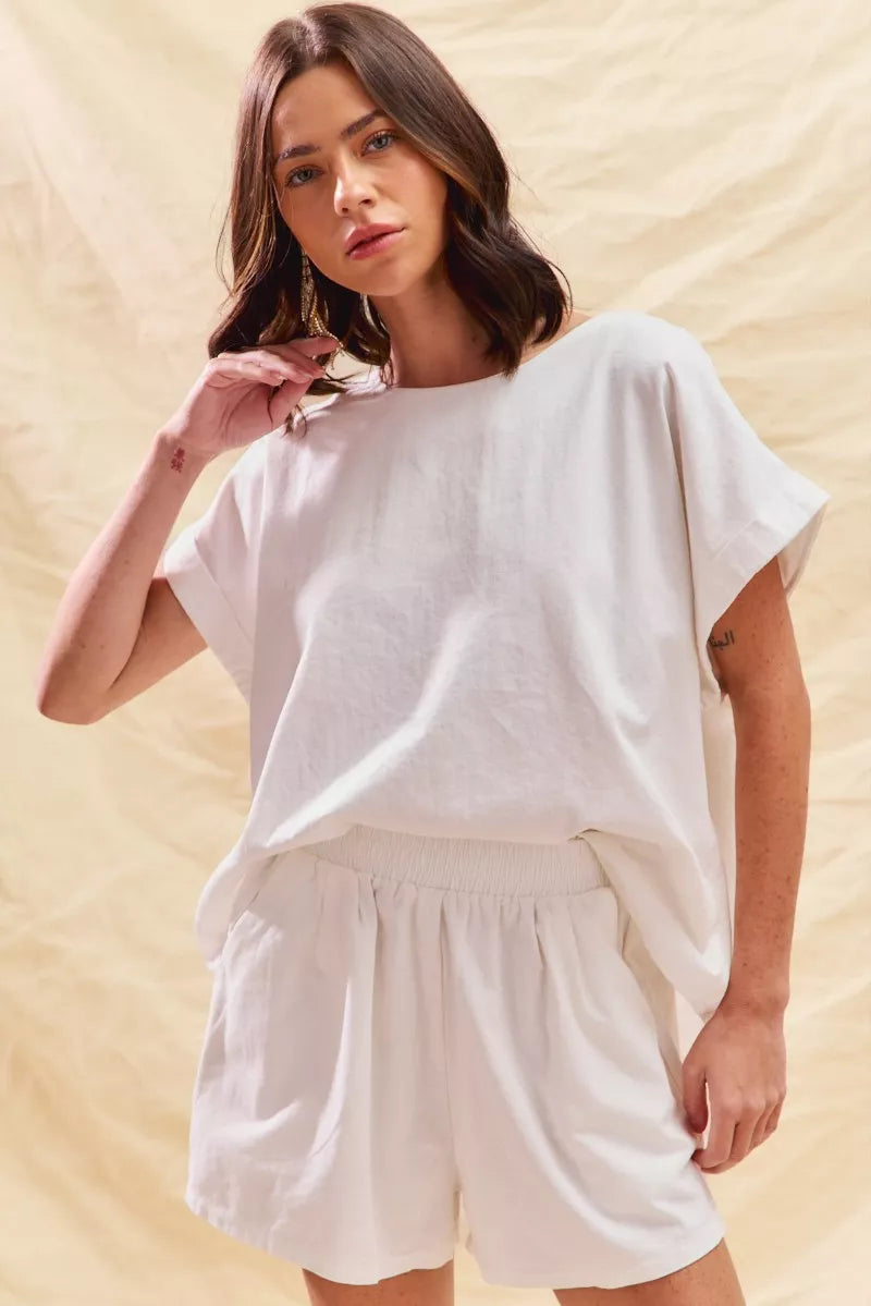OFF WHITE Round Neck Short Sleeve Top And Shorts Set | Trendy Loungewear Outfit Idea for Women by Ro + Ivy | Elevated Basics, Modern Comfort & Style