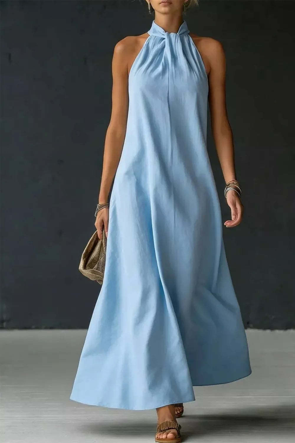 Women's Halter Neck Sleeveless Maxi Dress, Side Slit - Light Blue Maxi Dresses