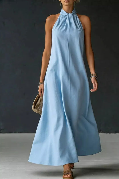 Women's Halter Neck Sleeveless Maxi Dress, Side Slit - Light Blue Maxi Dresses
