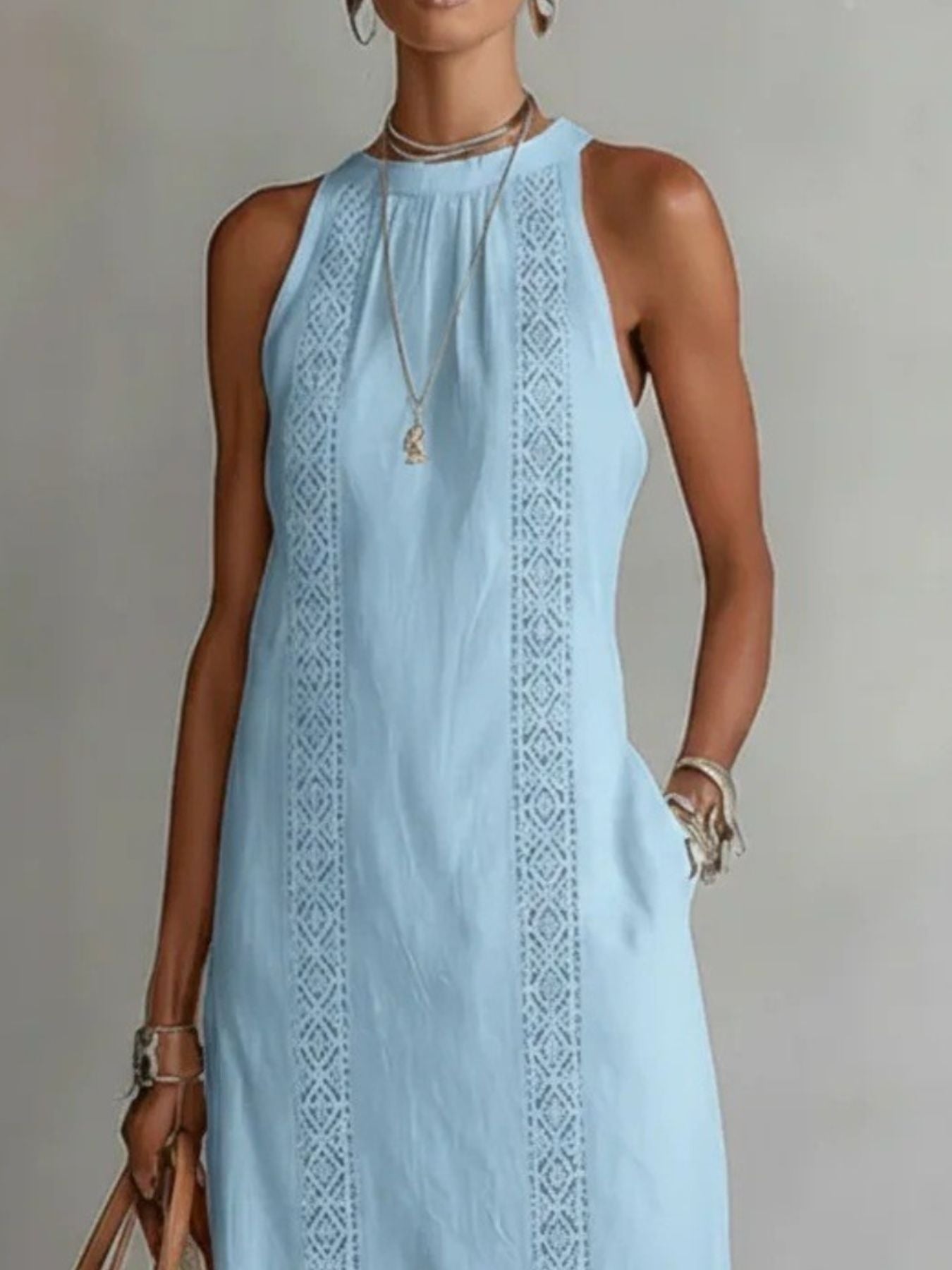 Women's Side Slit Sleeveless Hollow Out Trimmed Midi Dress - Midi Dresses