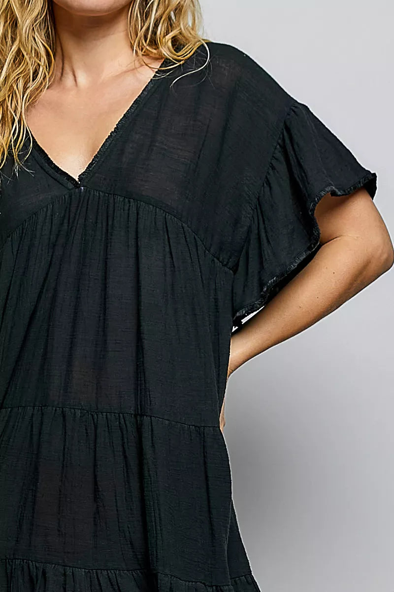 Women's Ruffle Shirred V-Neck Cotton Shirt Mini Dress - Mini Dresses