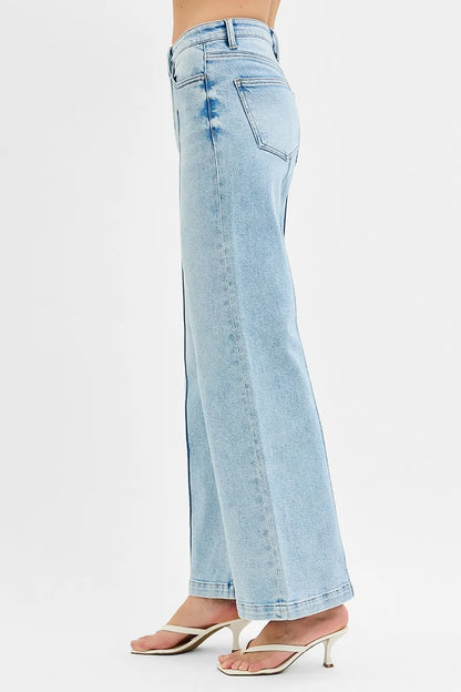 High Waist Pintuck Detailed Wide Leg Jeans – outfit idea for women | Ro + Ivy