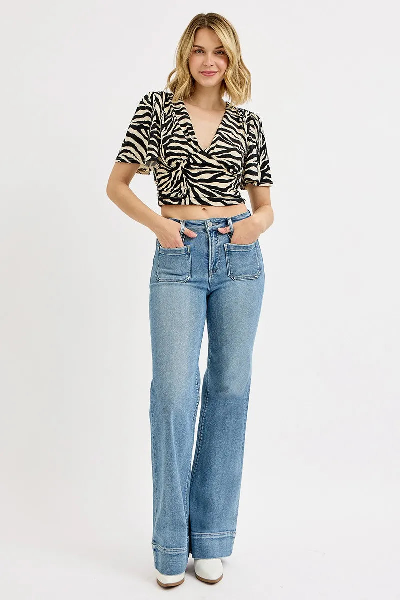 Full Size High Rise Wide Flare Patch Pocket Jeans Plus Size – outfit idea for women | Ro + Ivy