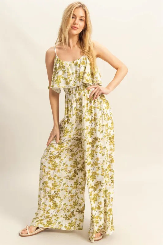 Floral Print Spaghetti Strap Wide Leg Jumpsuit – outfit idea for women | Ro + Ivy