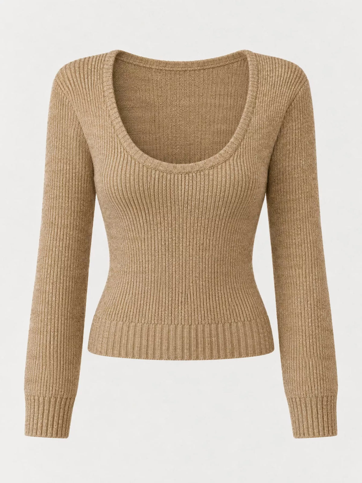 Scoop Neck Ribbed Knit Slim-Fit Sweater with Long Sleeves