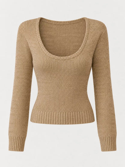 Scoop Neck Ribbed Knit Slim-Fit Sweater with Long Sleeves