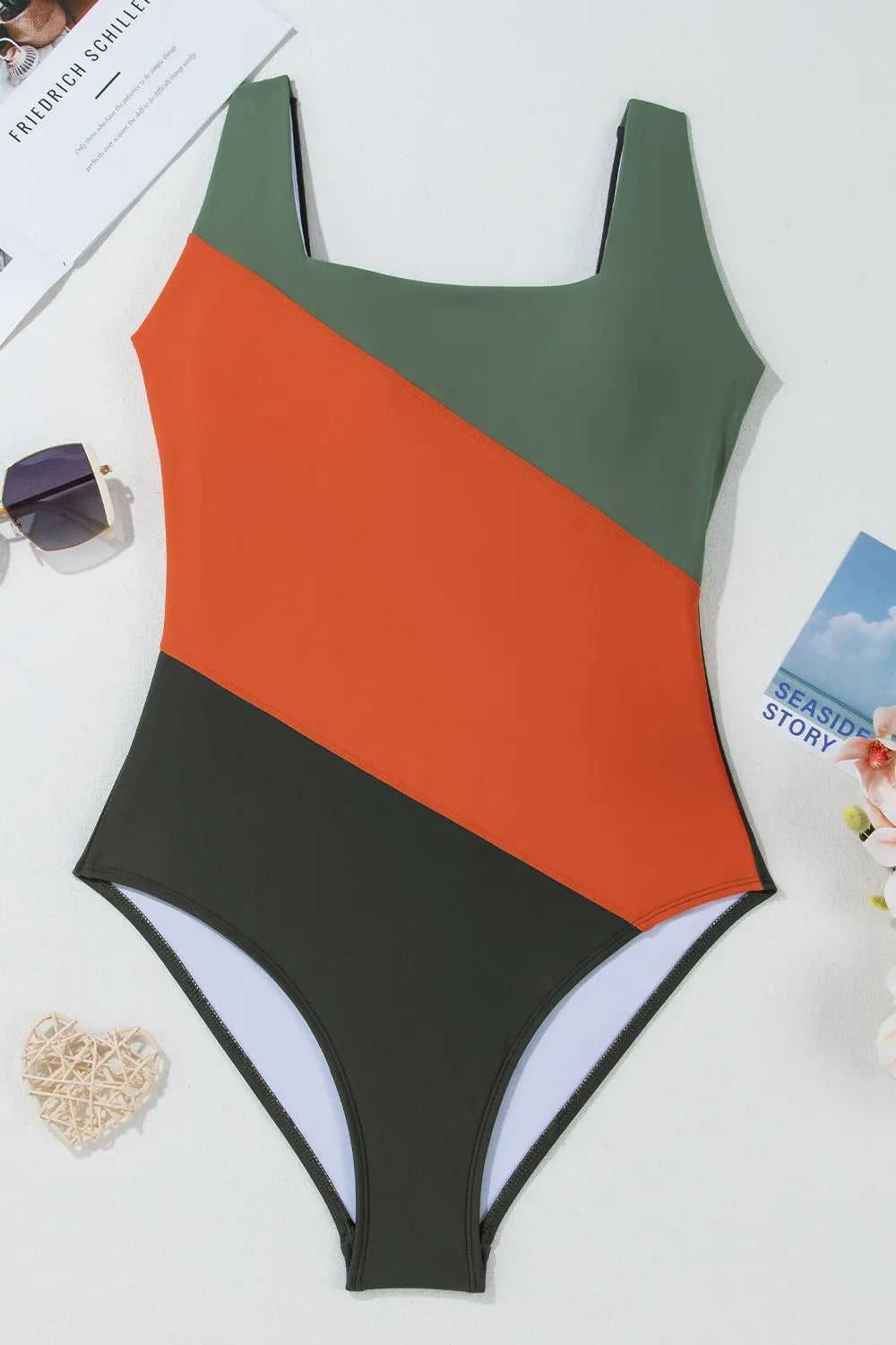 Women's Color Block Padded Square Neck One Piece Swimsuit - One-Piece Swimsuits