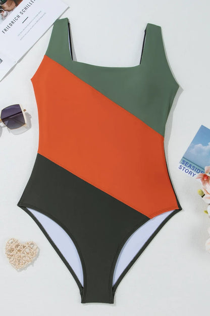 Women's Color Block Padded Square Neck One Piece Swimsuit - One-Piece Swimsuits